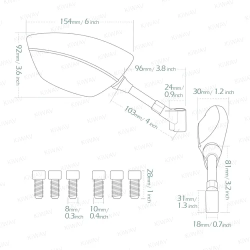 Miniatura 4 de KiWAV Espejos de Repuesto Traseros Blackline Negros Convexos Ajustables Universales 10mm 8mm para Motocicletas Chopper Bobber Cafe Racer Grom