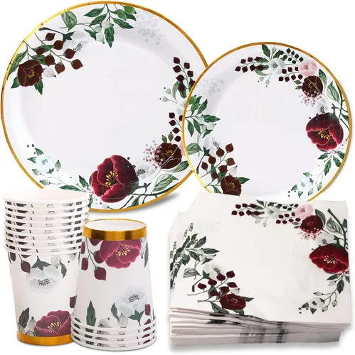 Miniatura 7 de 200 platos de papel floral y servilletas para fiestas, decoraciones de despedida de soltera sirven 50, borgoña para bodas, cumpleaños, día de San