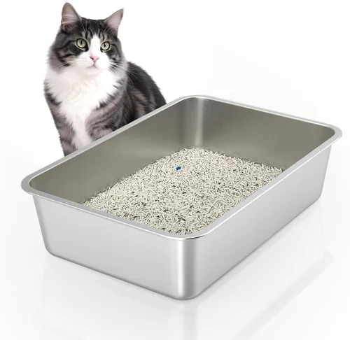Miniatura 12 de WENBOKMIN Caja de arena para gatos de acero inoxidable, caja de arena poco profunda de 4 pulgadas para gatos y gatitos mayores, bandeja de arena