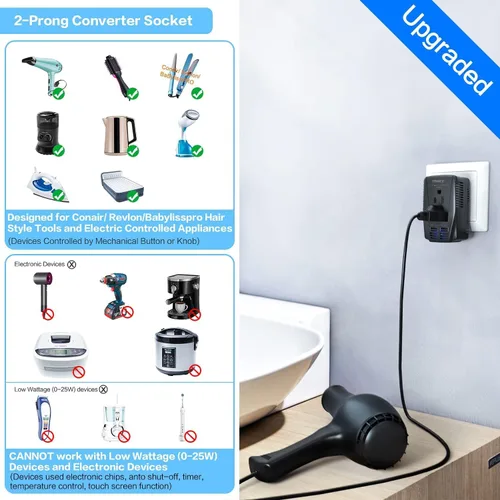 Miniatura 6 de Convertidor de 220 V a 110 V, convertidor de voltaje de viaje de 2000 W para secadora de pelo, plancha rizadora, adaptador de corriente de 10 A es