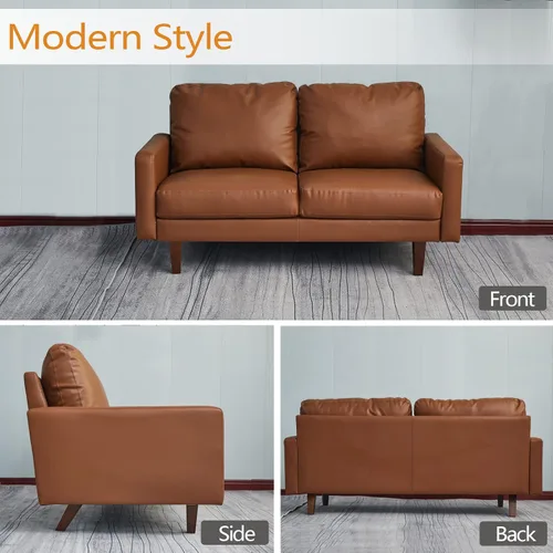 Miniatura 4 de INSTORY Sofá de dos plazas de cuero cómodo sofá moderno con patas de madera para sala de estar, oficina - marrón