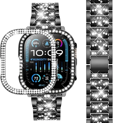 Miniatura 23 de SUPOIX - Correa compatible con Apple Watch de 1.49 pulgadas + funda, joyería para mujer con diamantes brillantes, bandas de metal y 2