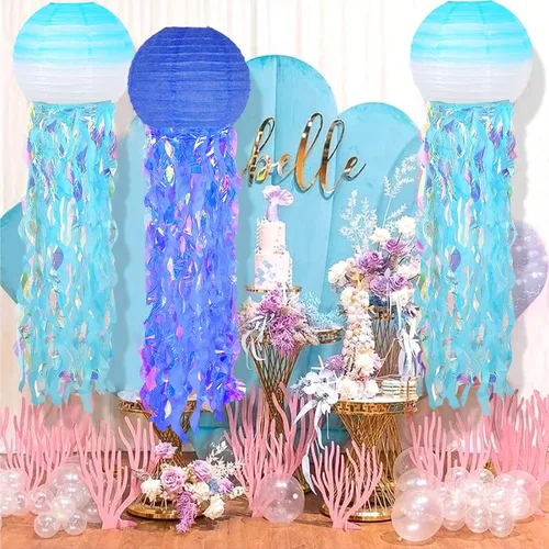 Miniatura 6 de 6 paquetes de linternas de papel de medusa con deseos de sirena colgantes, tema de cielo azul degradado y océano azul, suministros de fiesta