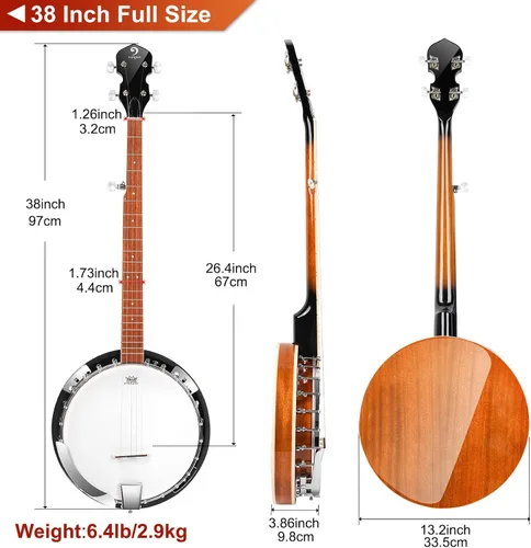 Miniatura 9 de Vangoa Banjo - Kit de 5 cuerdas para principiantes, tamaño completo, cabeza Remo, 24 soportes, espalda abierta, juego de banjo con resonador