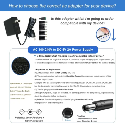Miniatura 7 de Adaptador de fuente de alimentación de 5 V, 2 A, 1 A, 0,8 A, 0,5 A, adaptador de 10 W, adaptador de CA/CC de 100-240 V CA a CC 5 V con enchufe