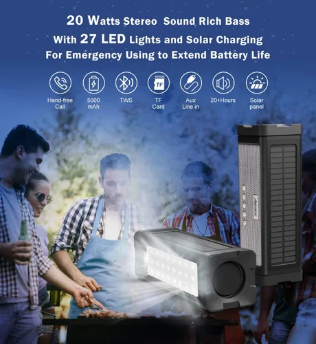 Miniatura 2 de Altavoz solar Bluetooth, IPX7, impermeable, portátil, de 20 W, con 27 luces LED, batería de 5000 mAh, micrófono, tarjeta TF, para ducha al aire