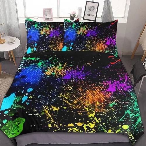 Miniatura 39 de Juego de 3 piezas de edredón neón que brilla en la oscuridad, funda de almohada de microfibra con cremallera para cama matrimonial, Queen