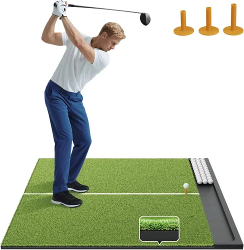 Alfombrilla de golf con bandeja de pelotas, 5 x 4 / 6 x 4 pies, 1.024 in / 1.220 in de grosor, césped Pro & Elite con línea de camino de columpio,