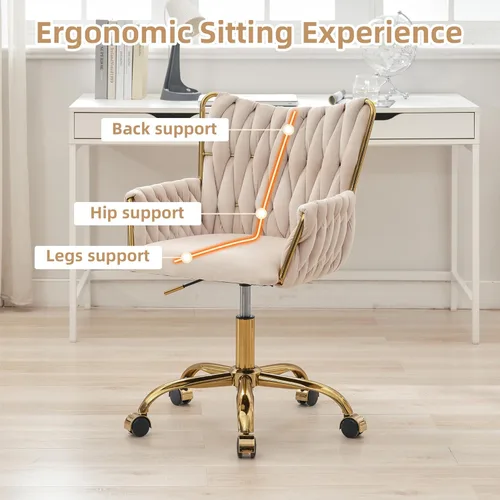 Miniatura 7 de ABET Silla de Escritorio de Terciopelo con Ruedas, Bonita Silla de Oficina Giratoria Tapizada, Moderno Sillón Rodante Dorado Tejido a Mano con Beige