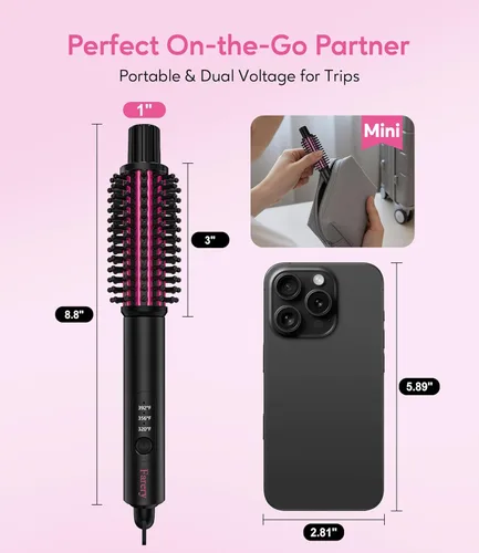 Miniatura 2 de Farery Mini cepillo térmico de 3 temperaturas ajustables, rizador de viaje para cabello corto de 1 pulgada, cepillo redondo calentado para rizos