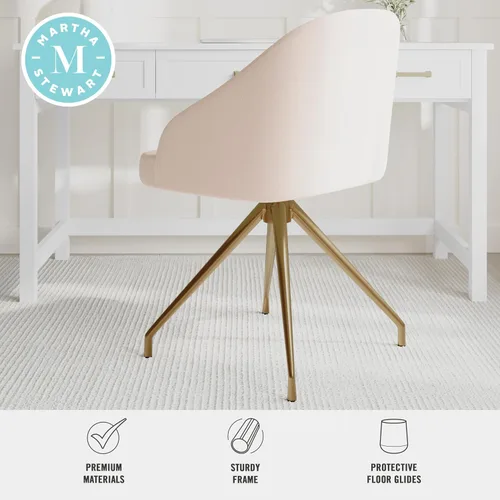 Miniatura 5 de Martha Stewart Sora Silla de Trabajo Giratoria Fija con Brazos Inclinados para Oficina en Casa en Tela Conch Shell con Marco de Latón Pulido