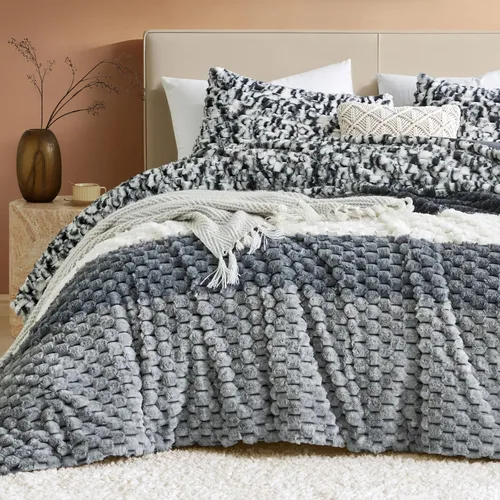 Miniatura 14 de Petrichor Juego de edredón esponjoso tamaño individual, edredón grueso de franela negra ultrasuave para cama Queen, juego de ropa de cama cálido