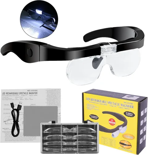 Miniatura 11 de Lupa para diadema con 4 luces LED, lupa de cabeza recargable con 5 lentes desmontables 1.0X, 1.5X, 2.0X, 2.5X 3.5X - Lupa iluminada manos libres