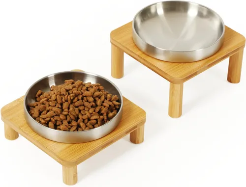 Miniatura 9 de DoogCat Cuencos elevados para gatos de interior – Soporte elevado de bambú para gatos con platos de acero inoxidable de 5.5 pulgadas de ancho, plato