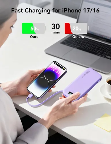 Miniatura 3 de Cargador ultraportátil de 10000 mAh con cables integrados y enchufe de pared de CA, cargador de teléfono celular de carga rápida PD20W USB-C, Púrpura