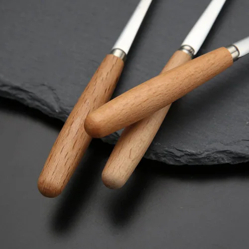 Miniatura 5 de 6 tenedores de acero inoxidable con mango de madera y dos puntas, horquillas para pastel de frutas