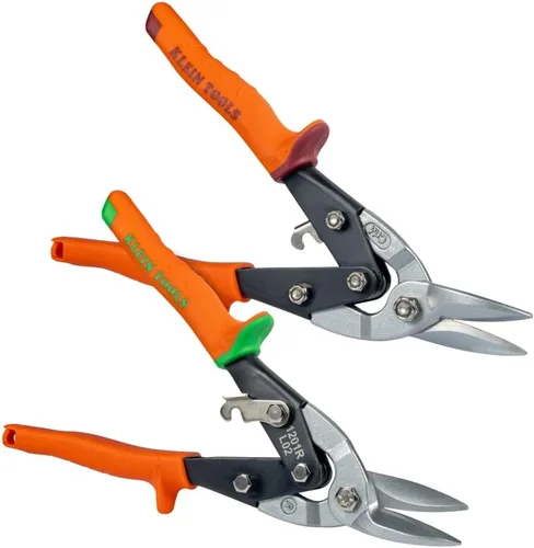 Klein Tools 80198 Kit de tijeras de aviación, juego de tijeras de metal izquierda y derecha, corte de acero calibre 18, cuchillas dentadas, bloqueo