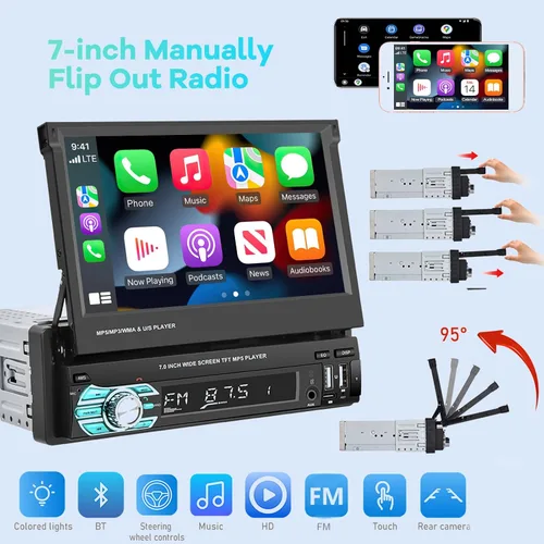 Miniatura 5 de Estéreo de coche con pantalla abatible Single Din con Carplay inalámbrico y Android Auto, pantalla táctil de 7 pulgadas, 1 Din, compatible
