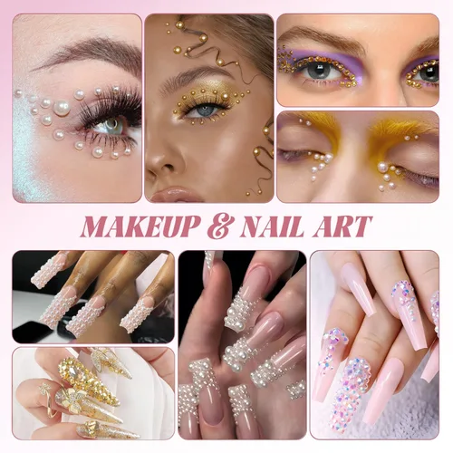 Miniatura 5 de 80g de perlas planas y diamantes de imitación para hacer brillar, color beige, oro, marrón, tamaño mixto de 3-10mm, diamantes de imitación de resina