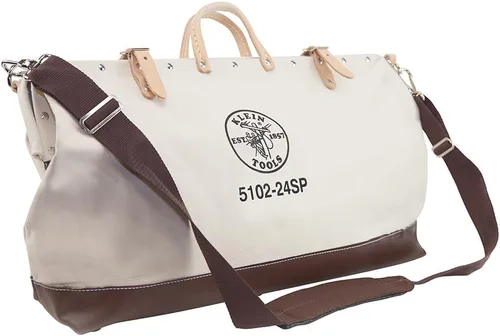 Bolso de lujo para herramientas Klein Tools de lona, hecha de lona natural con compartimentos interiores y correa para el hombro desenganchable