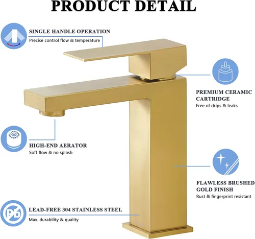 Miniatura 4 de Tohlar Grifo de baño dorado, grifo dorado cepillado para fregadero de baño, grifo de baño dorado de un solo agujero, moderno grifo de lavabo
