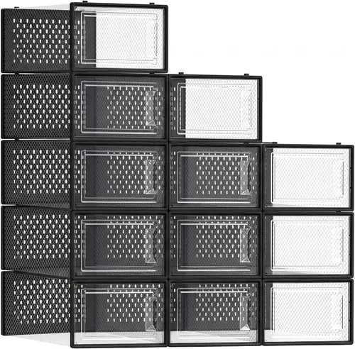 SONGMICS Cajas de zapatos, paquete de 12 organizadores de almacenamiento de zapatos, cajas apilables de plástico transparente para armario, tenis,