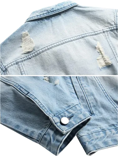 Miniatura 6 de RANMCC Chaqueta de mezclilla para hombre, chaqueta vaquera rasgada ajustada