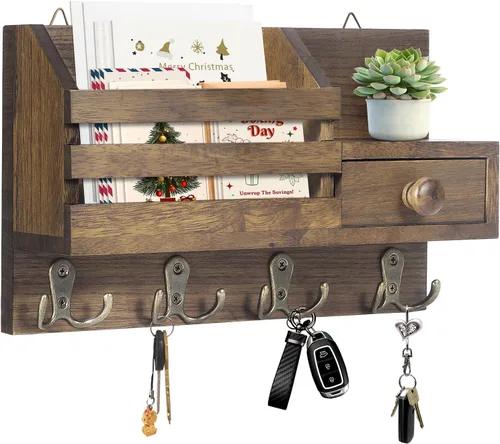 Miniatura 12 de Soporte para llaves de pared, organizador de correo adhesivo de madera y llaves con cajón, estante pequeño, 8 ganchos, 2 métodos de instalación