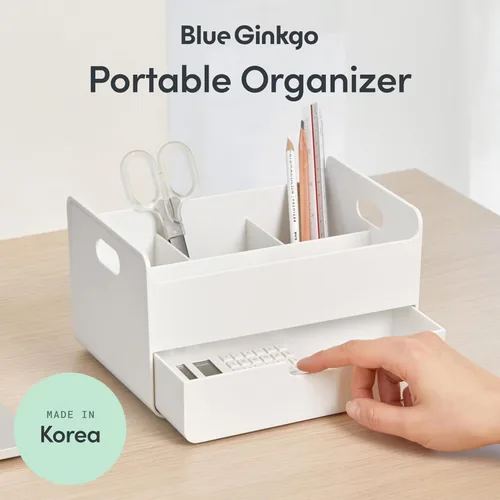 Miniatura 2 de BLUE GINKGO Organizador de escritorio portátil, compacto, 3 compartimentos, almacenamiento de medio cajón, soporte para bolígrafos, organizador