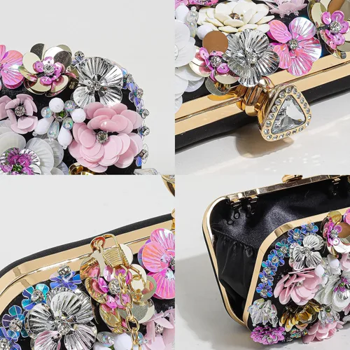 Miniatura 6 de Bolso de noche floral para mujer, bordado con cuentas, bolso de mano vintage con perlas, elegante bolso cruzado de hombro