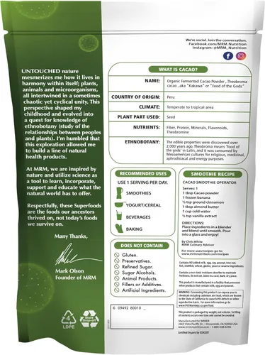 Miniatura 2 de MRM Nutrition Polvo de cacao fermentado orgánico – Superalimento en polvo de granos de cacao peruanos, ricos en antioxidantes, flavonoides, sin