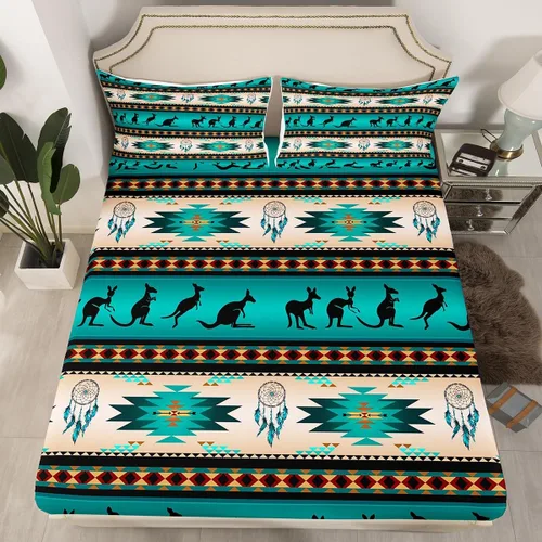 Juego de sábanas bajeras de canguro para niños y niñas, sábanas aztecas nativas del suroeste, decoración de ropa de cama de tribu bohemia, tamaño
