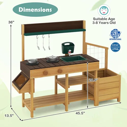 Miniatura 7 de Costzon Cocina de barro, banco de madera para macetas para niños con grifo extraíble, fregadero, estufas, pomos de rotación, cajas para macetas