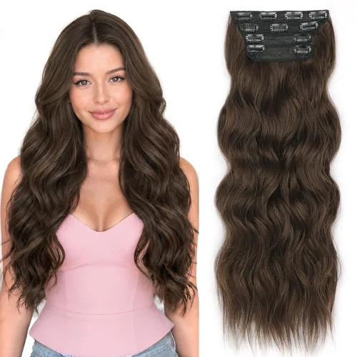 Miniatura 23 de ALXNAN Extensiones de cabello sintético largo y ondulado con clip, de 16 pulgadas, color negro natural, 4 piezas gruesas, fibra de doble trama
