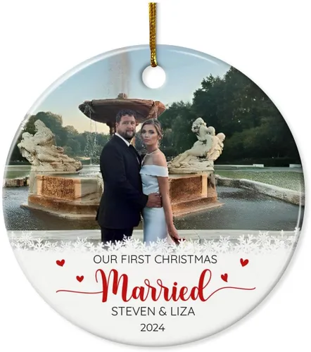 Adorno personalizado de primera Navidad para casados, adornos de cerámica de Navidad con foto foto boda matrimonio nombre personalizado recuerdo 1ª