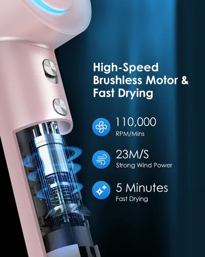 Miniatura 3 de Secador de pelo, secadora de iones negativos, motor sin escobillas de 110, 000 RPM, 3 ajustes de calor, boquilla magnética giratoria de 360°
