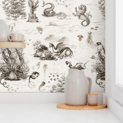 Miniatura 8 de Spoonflower Papel tapiz para despegar y pegar, diseño vintage de dragón, océano, pulpo, sepia, toile, sirena, steampunk, papel tapiz extraíble