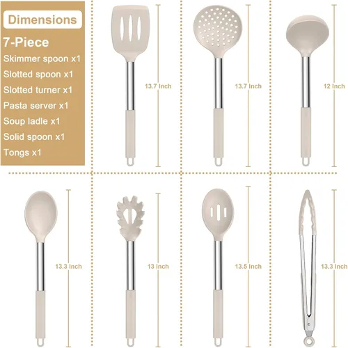 Miniatura 2 de E-far Juego de utensilios de cocina de silicona, 7 piezas de utensilios de cocina resistentes al calor con mango de acero inoxidable, espátula Caqui