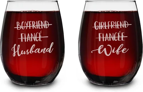 shop4ever® Juego de 2 copas de vino grabadas sin tallo para novio, prometido, esposa, esposa, novias, novias, novias, esposas, para él y ella