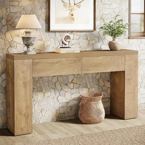 Miniatura 10 de Tribesigns Mesa consola de madera de 63 pulgadas con 2 cajones ocultos, mesa de sofá marrón rústico de granja para sala de estar, pasillo, entrada
