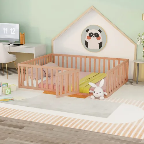 Miniatura 13 de MERITLINE Base de cama de tamaño individual para niños, cama de madera para niños con valla, cama Montessori con puerta, para niños mayores de 6
