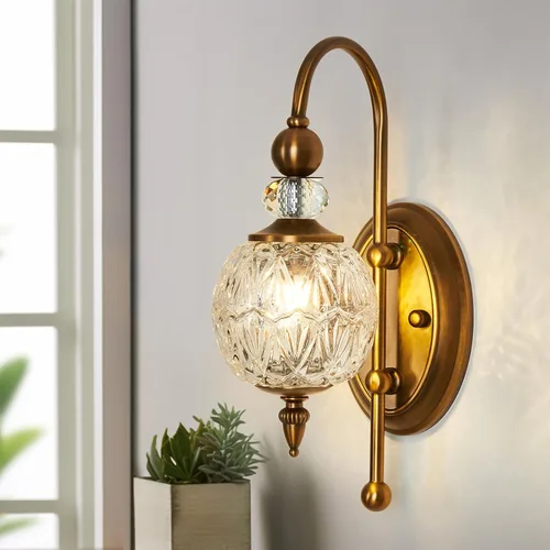 Piepooye Lámpara de pared vintage dorada con pantalla de globo de vidrio, lámpara de pared de latón cepillado G9 de mediados de siglo, lámpara de