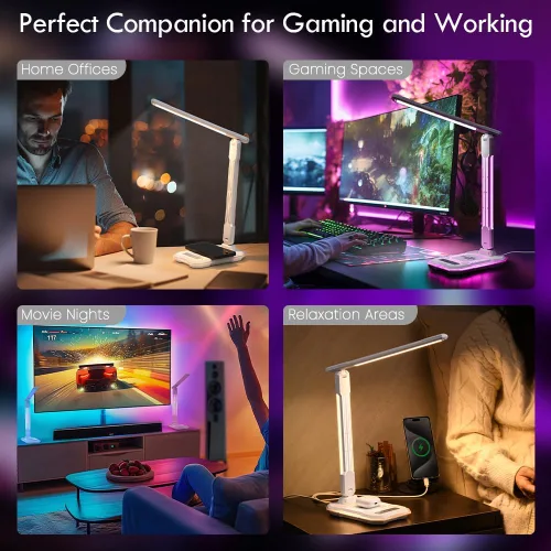 Miniatura 8 de WILIT Lámpara de escritorio para dormitorio universitario, luz de escritorio RGB para juegos con carga inalámbrica y puerto USB, lámpara de jugador