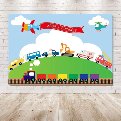 Miniatura 6 de Telón de fondo de fiesta de cumpleaños para automóvil, tren, aviones, automóvil, camión, niño, primer cumpleaños, cielo azul, nube, césped, verde
