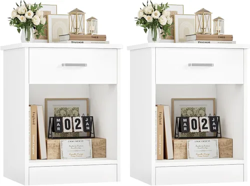 Miniatura 8 de FOTOSOK Juego de 2 mesitas de noche, mesa auxiliar de 2 niveles con cajón y estante de almacenamiento, mesa de noche, mesita de cabecera, mesita