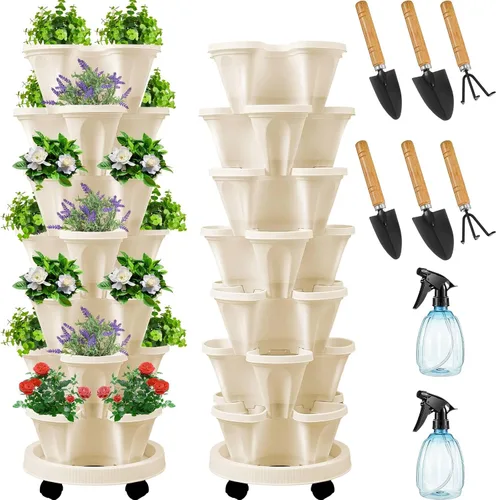 Umigy Juego de 2 macetas verticales de 7 niveles, apilables, macetas de fresa, hierbas y verduras, macetas de jardinería para interiores y