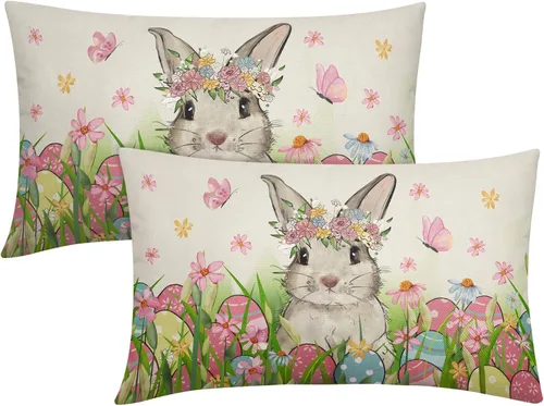 Miniatura 10 de Juego de 2 fundas de almohada de primavera de 12 x 20 pulgadas, diseño floral de conejo, conejo, floral, decorativas, lumbar, para sofá o cama
