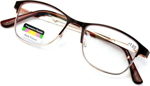 Metal de las mujeres ninguna línea progresiva lente clara trifocal gafas de lectura con la capa antirreflectante Marrón