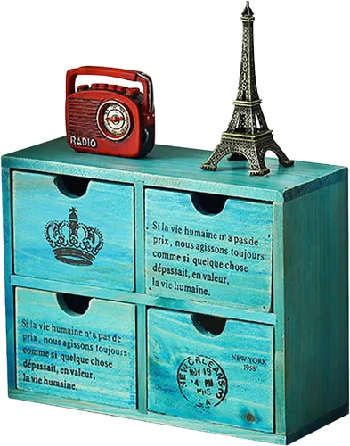 Organizador de escritorio vintage de 4 cajones en tono verde azulado, cajones de almacenamiento de madera para mesa, armario de escritorio de estilo
