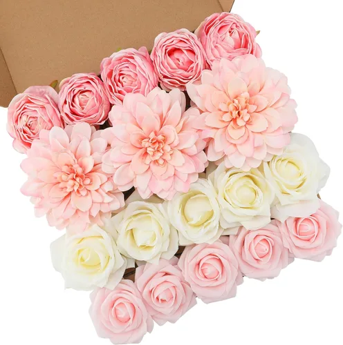 Floweroyal Flores Artificiales Rosadas Flores de Rosa Falsas Dalia con Tallos para Ramos de Novia de Boda DIY, Baby Shower, Arreglo Floral, Centros